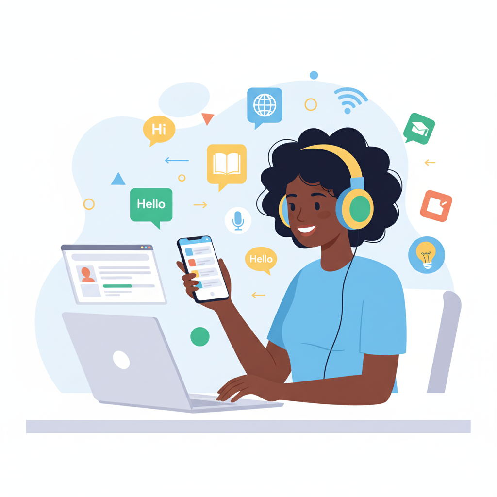 Jeune femme apprenant l’anglais avec des outils numériques